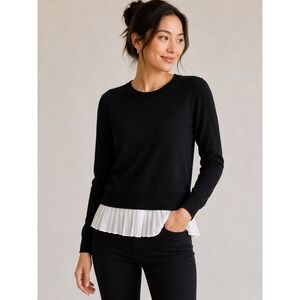 1.STATE Womens Black Crewneck Sweater White Pleated Hem Layered Look Small
